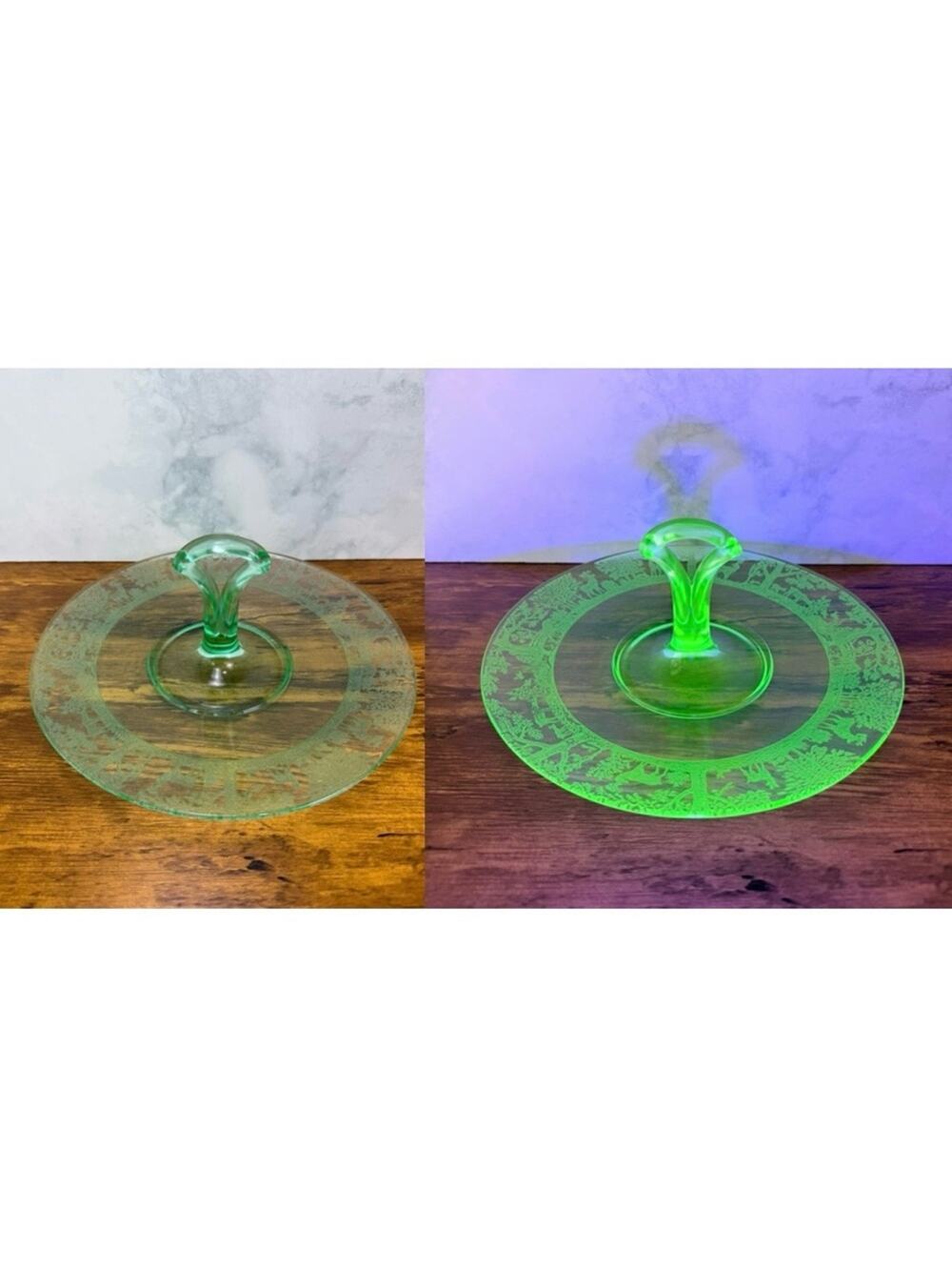 Vintage Tiffin Deerwood Uranium Glass Center Handle Tidbit Tray Etched Deer